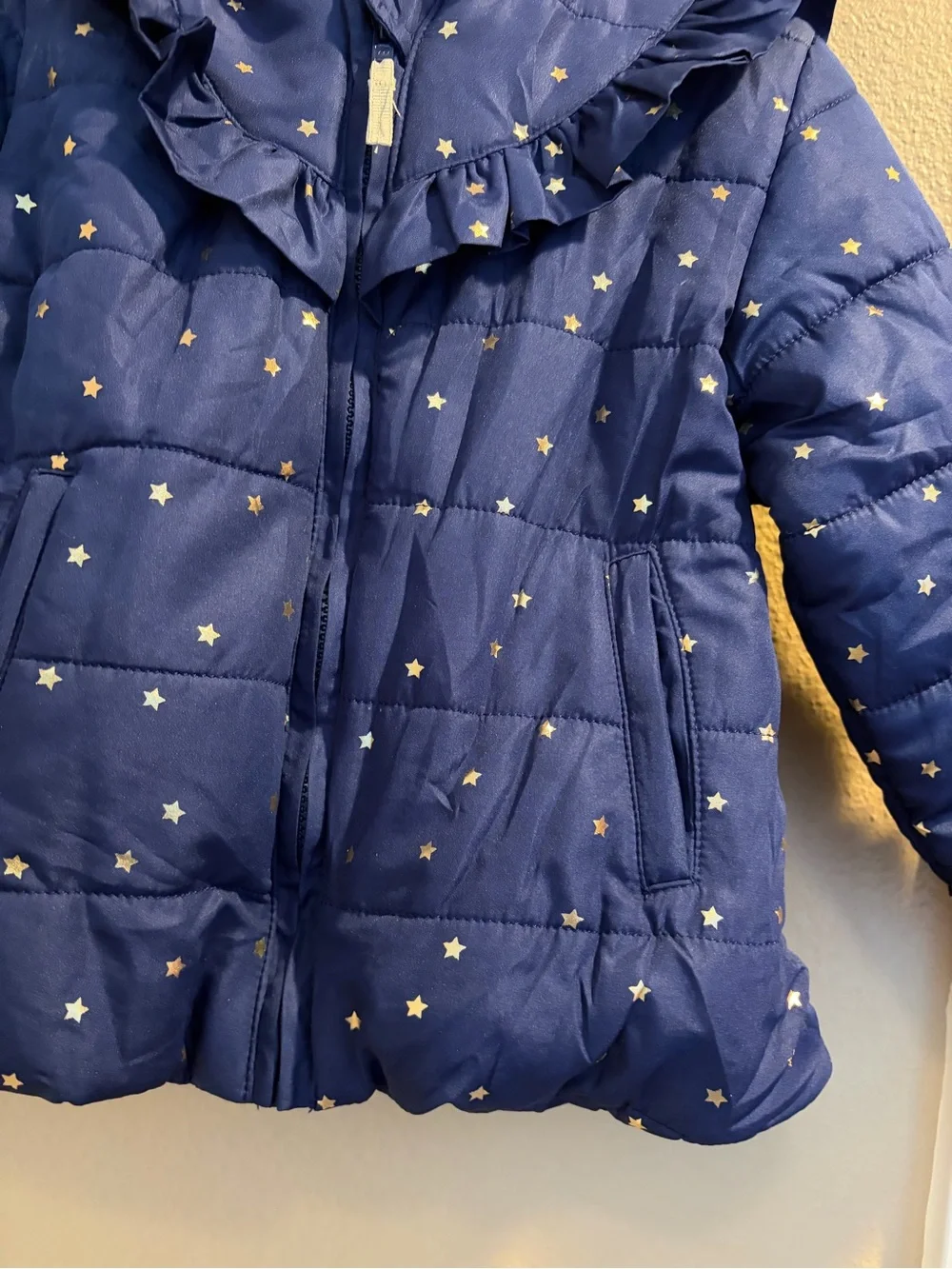 Carters Little Me Navy Gold Star White Faux Fur Ruffle Puffer Coat 24 Months